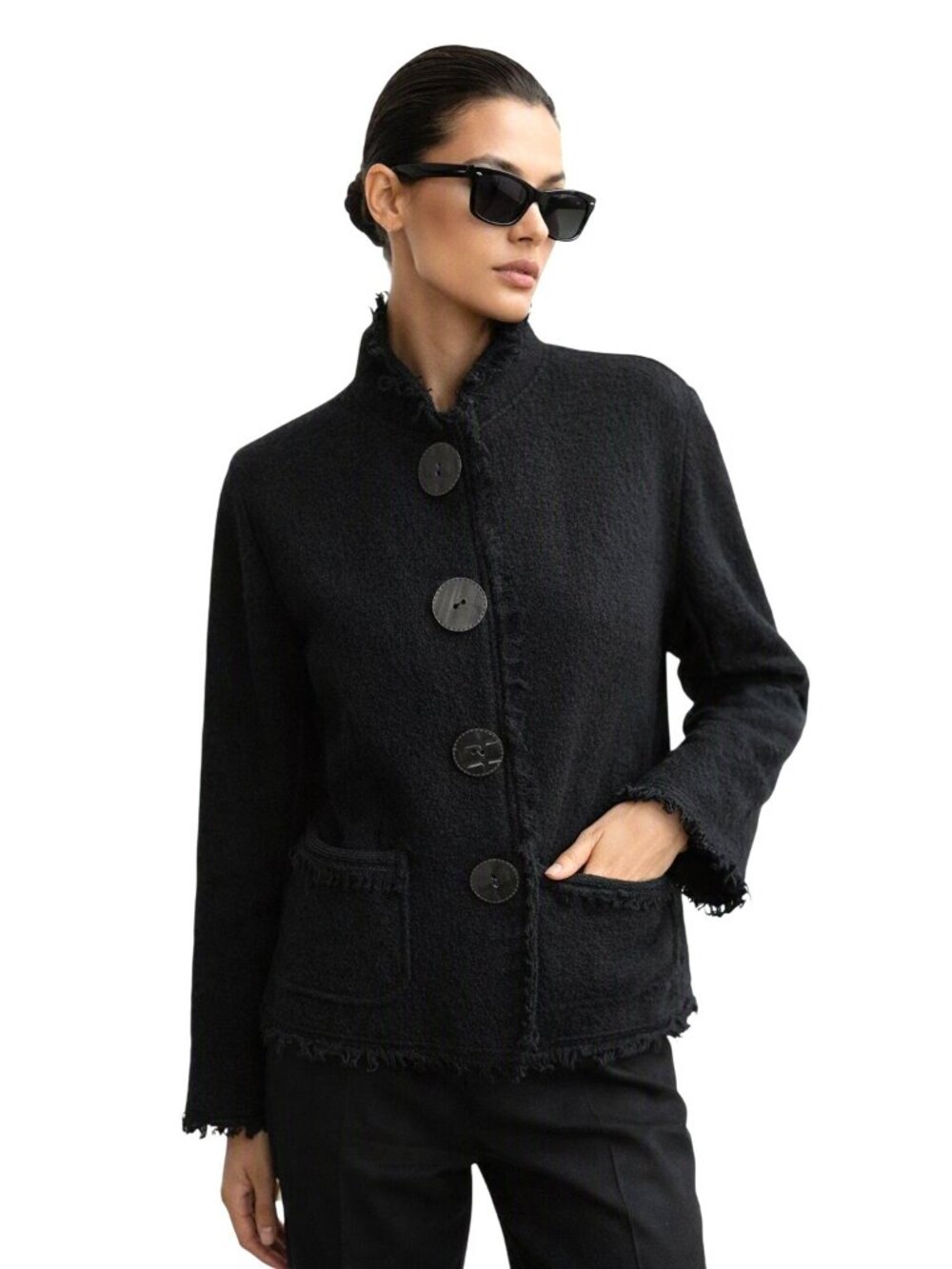 Lisa International Black Boiled Wool Blazer Jacket M Fringe Hem Old Money Button